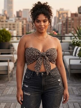 Express Cheetah Print Bandeau Top Womens Large Bow Front Smocked Back Tube Top